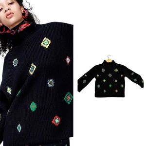 Kenzo x H&M Black Wool Mock Neck Embroidered Patch Sweater Small